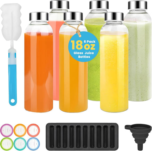 PROBTTL 18 oz Glass Juice Bottles with Lids Refillable Clear Glass Water