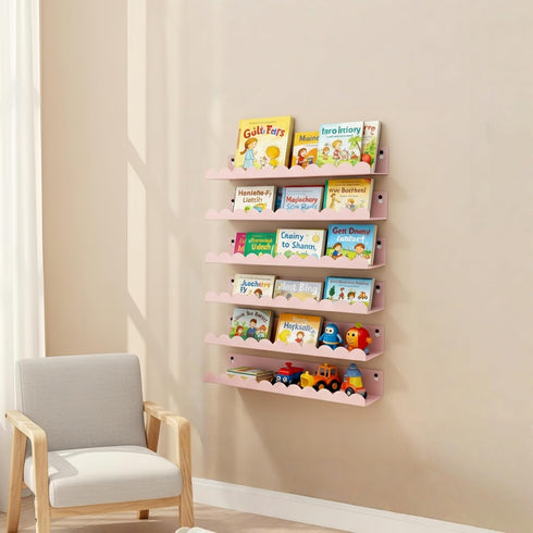 Set 6, 16 Inch Nursery Book Shelves of Pink Metal Floating Shelves for Wall, Scalloped Book Shelf for Kids Room