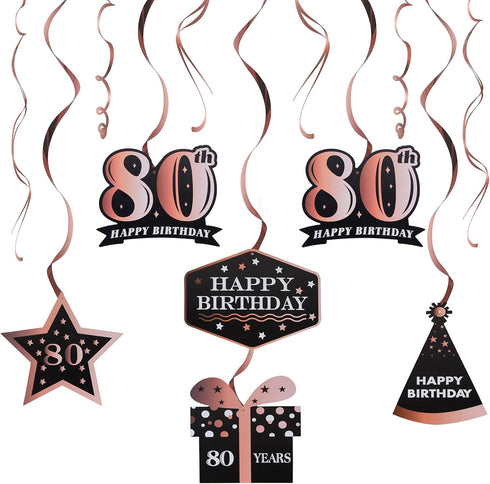 LINGTEER Happy 80th Birthday Decorations - 12 Pcs Black & Rose Gold Foil Swirls Streamer Set for Eighty Years Old Bday