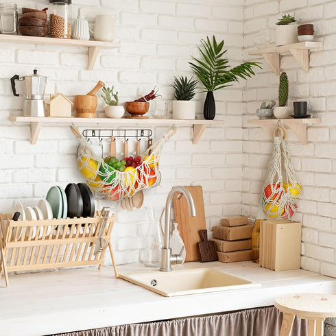 2 Pcs Large Macrame Fruit Hammock 11.8 x 20 Inch, Hand-woven Lace Hanging Basket for Kitchen, Saves Counter Space