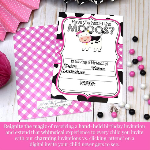 Heard the Moos Pink Cow-Themed Birthday Party Invitations for Kids, 20 Fill In Cards with Envelopes by AmandaCreation