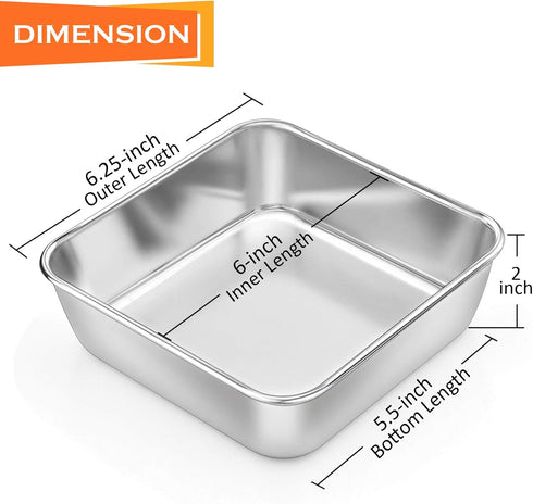P&P CHEF 6 Inch Square Cake Baking Pans (2 Pcs), Stainless Steel Lasagna Brownie Pan For Small Birthday Cake Bread Pie, Leakproof & Brushed Surface, Non-toxic & Healthy, Easy Release & Clean by P&P CHEF