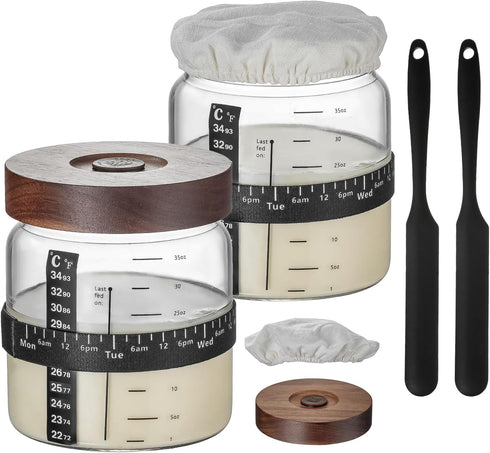 Sourdough Starter Jar 2PackWood Sealed Lid with Automatic Exhaust,35OZ with Ounce Scale