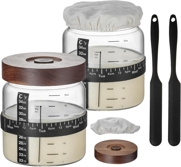 Sourdough Starter Jar 2PackWood Sealed Lid with Automatic Exhaust,35OZ with Ounce Scale