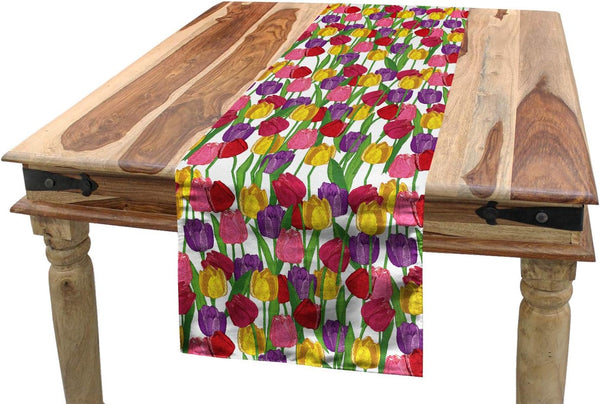 Lunarable Tulip Table Runner, Mixed Complex Repeating Tulip Design, 16" X 72", Purple Mustard for Dining Room