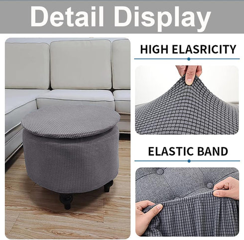 Andreannie Stretch Dark Grey Jacquard Fabric Ottoman Slipcover Floding Storage Foot Stool Covers Soft Round Slipcover