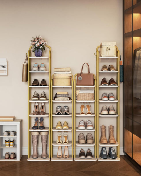 6 2 SR04213A Hzuaneri Tiers Vertical Shoe Rack, Narrow Shoe Tower, Tall Shoes Shelf with Hooks, Adjustable Shelves