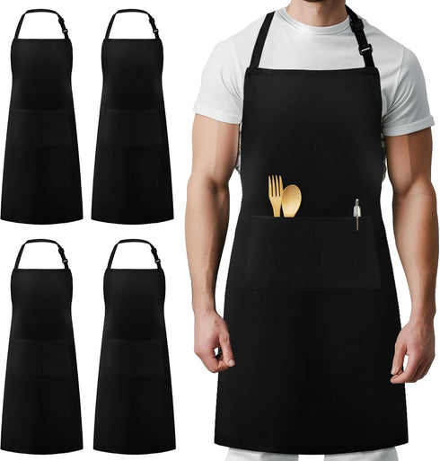 Syntus 4 Pack Adjustable Chef Apron, Waterdrop Resistant Cooking Aprons for Men Women with 2 Pockets, Black