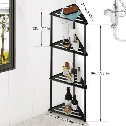 4 Standing Corner Shower Caddy, Tier Stainless Steel Organizer Stand, Rustproof Shelves for Inside Shower, Black