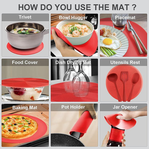 2 in 1 Aidacom Microwave Mat & Food Cover - 12" Mat as Bowl Holder, Silicone Trivet, Pot Holders, Drying, Baking, Red