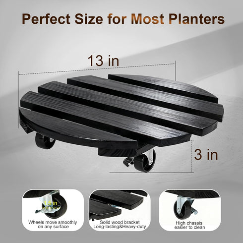 2 Pack 13'' 300Lbs 360Lockable Plant Caddy with Wheels Rolling Plant Stand Indoor Outdoor, Heavy Duty Wooden Plant