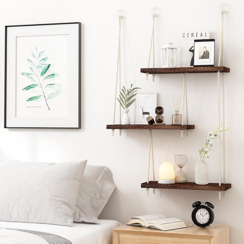 3 Fixwal Hanging Shelves for Wall, Tier Boho Wall Decor Hanging Plant Shelf Floating Shelves Rope Rustic Wood Organizer
