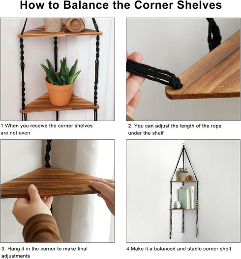 2 Artilady Macrame Corner Shelf Wall Hanging - Tier Black Corner Floating Shelves Boho Wall Decor, Rustic Wooden Plant
