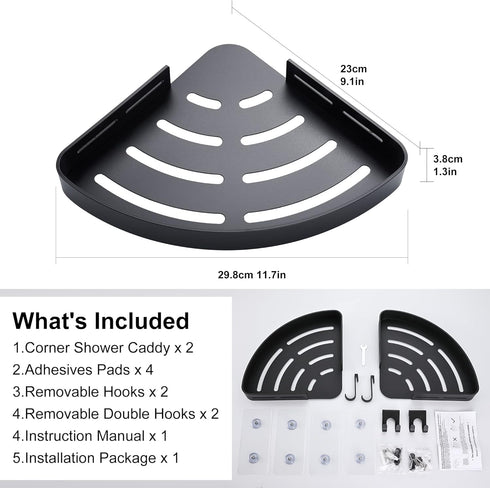 2 Pack DUFU Adhesive Corner Shower Caddy with Hooks,Bathroom Shower Organizer, No Drilling Rust Proof Aluminum Shower