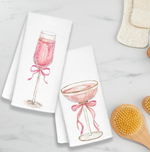 AQYIP 16x24 Inch Set 2 Pink Bow Champagne Kitchen Towels, Coquette Pink Kitchen Decor, Alcohol Gifts Hand Towels