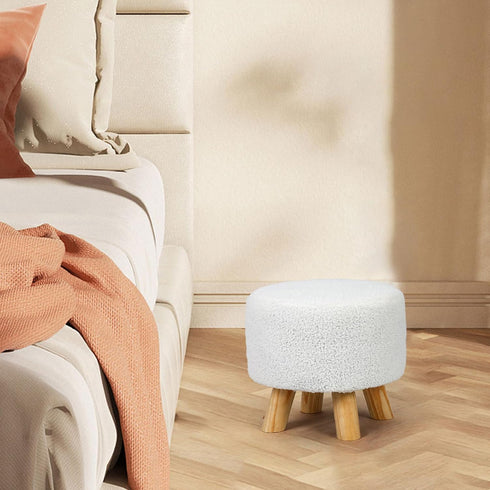 Homebeez Round Ottoman Stool Fabric Foot Rest, Faux Fur Small Footstool with Non-Skid Legs (Teddy White)