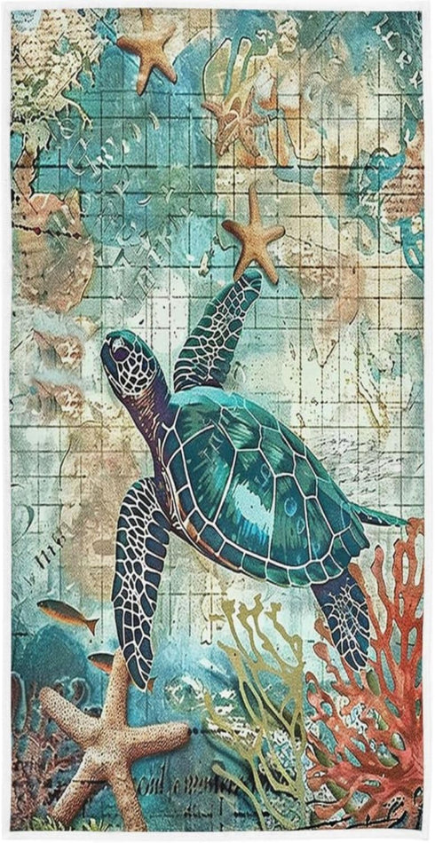 Pfrewn Sea Turtle Starfish Retro Map Hand Towels, 16x30 in Fish Scale Thin Bathroom Towel, Ultra Soft