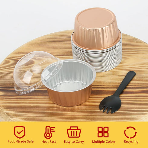 Jumbo 5oz Aluminum Foil Cupcake Liners with Lids 50 Pack,Free-Air Disposable Ramekins Muffin Tin,Mini Cake Baking Pans Muffin Cups,Mini Cupcake Pans Holders -Champagne by Free-Air