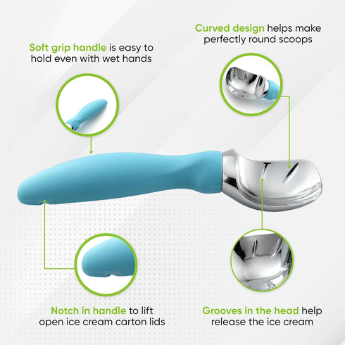 Spring Chef Ice Cream Scoop Aqua Sky with Soft Grip Handle, Professional Heavy Duty Sturdy Scooper for Gelato