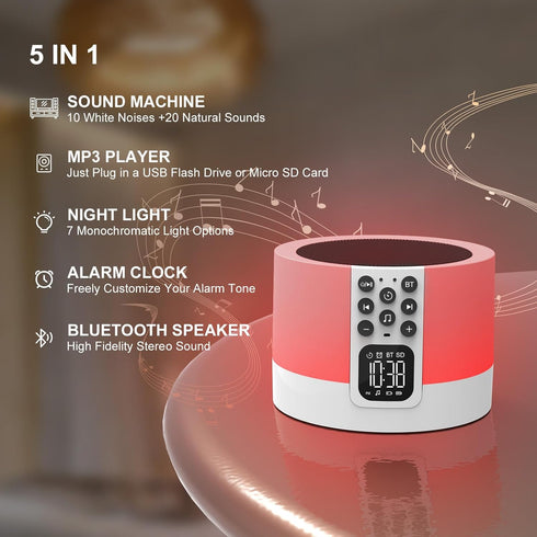 AFEXOA Dimmable 48 10 11 12 13 14 15 Night Light Bluetooth Speaker Alarm Clock, Sound Machine with White Noise, Touch