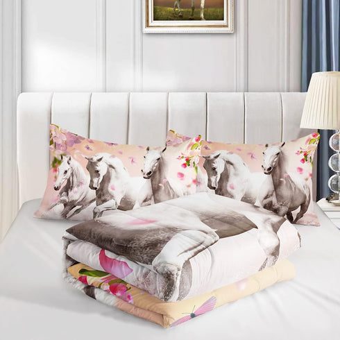Set 2 3D Set HOSIMA Horse Bedding for Girls, Pink Cherry Blossom Printed Twin Comforter with Pillowcases, Farm Wild