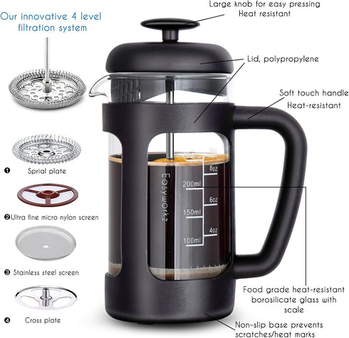 Easyworkz French Press - 12 oz Coffee Tea Maker with Borosilicate Glass and Soft Grip Handle