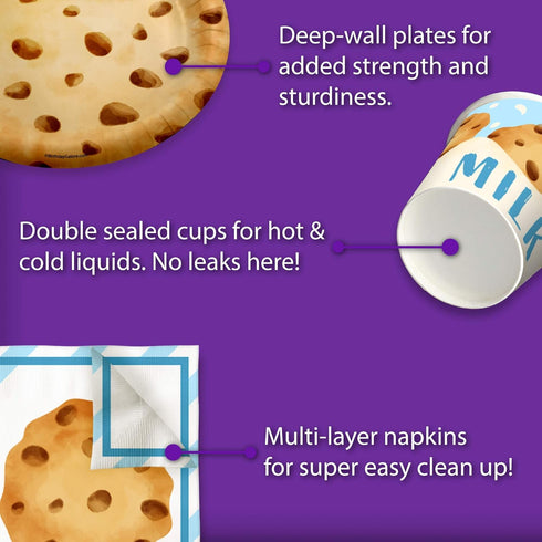 Milk and Cookies Birthday Party Supplies Set - Plates, Napkins, Cups Tableware Kit for 16 Guests