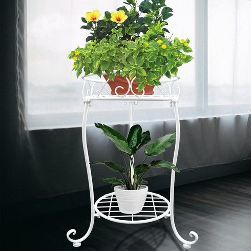 White Metal Plant Stand, 18.5 inch Tall, 2 Tier Potted Holder Rack, Heavy Duty Flower Pot Shelf for Indoor Outdoor