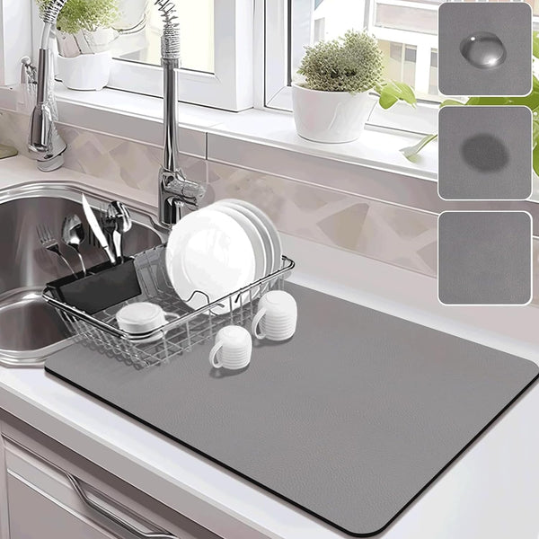 Absorbent Drying Mat for Kitchen Countertops, Coffee Mat Hide Stain Rubber Backed Dish Drying Mat (Gray, 12"x16")