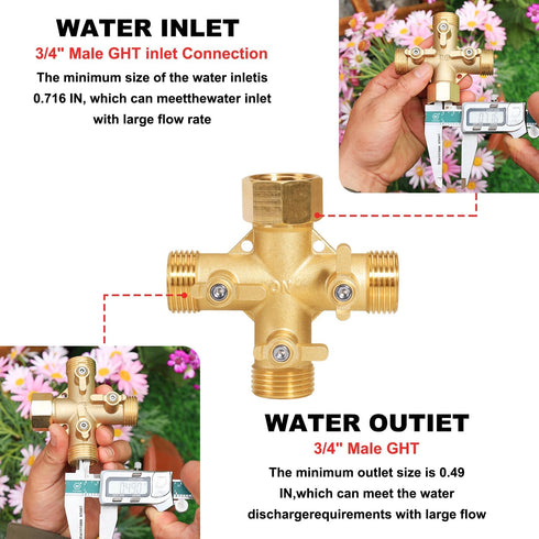 3 3 Garden Hose Splitter High Flow Splitter No Restricted-Flow Connector Heavy Duty Brass Hose Splitter with Shut Off