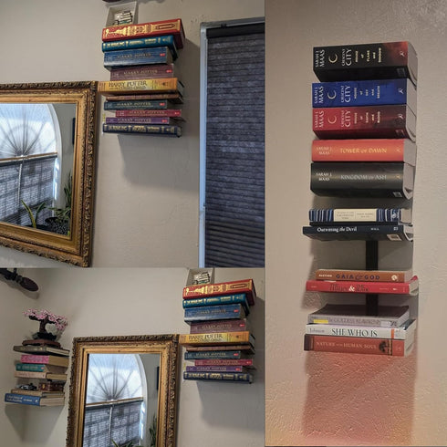6 2 Pack Floating Invisible Bookshelves for Wall, Tier Heavy Duty Metal, Black Vertical Spine Book Tower, Wall Mounted