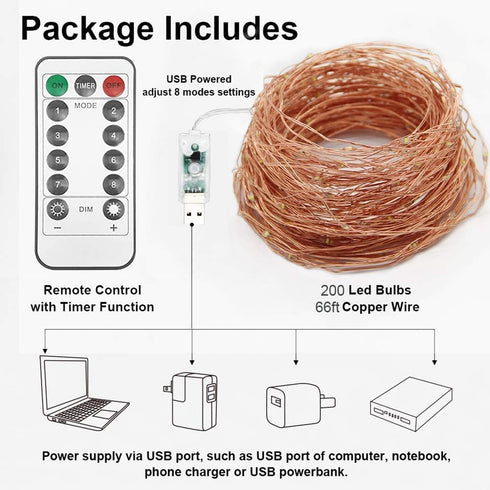 200 66 8 Twinkle Star LED FT Copper Fairy String Lights Modes LED, USB Powered with Remote Control for Christmas Tree