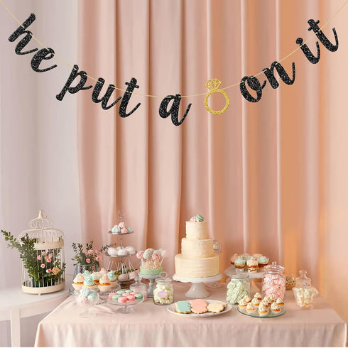 He Put A Ring On It Banner, Black Glitter Engagement Party Decoration Sign for Wedding & Bridal Showers