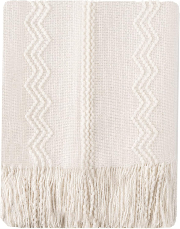 BATTILO HOME Boho Cream Throw Blanket for Couch, Decorative White Blanket Throw for Sofa Living Room, 50"x60"
