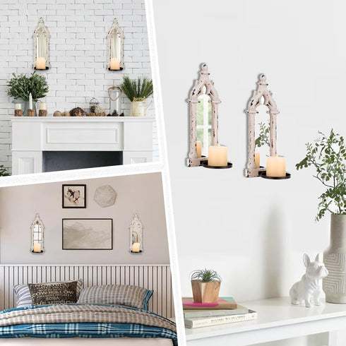 Set 2 Farmhouse Mirror Wall Candle Sconces of - Shabby Chic Decor Rustic Candle Holder French for Bathroom Living Room