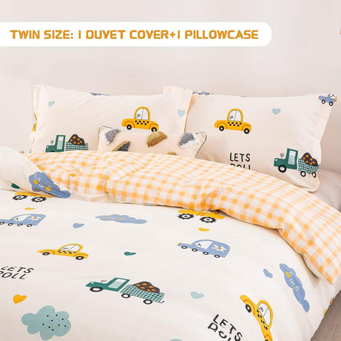 Set Set 2 Set (1 Cover+1 Kids Duvet Cover Twin, Cotton Cartoon Car Truck Bedding for Boys Girls, Pieces Soft Breathable