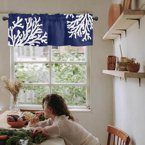 Navy Blue Coral Farmhouse Short Window Curtain Valances, 1 Panel Coastal Nautical Rod Pocket Kitchen Valances
