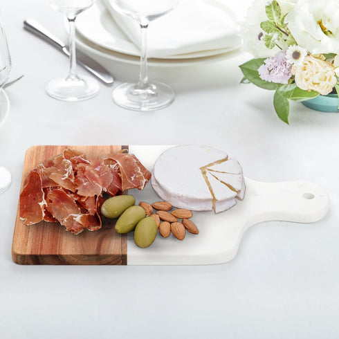 Marble and Acacia Wood Cutting Board, White Cheese Board with Handle, 13 x 8.5 Inch