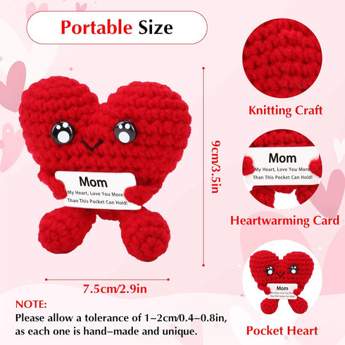 COZYMATE (HeartShape-Red2) Birthday Gifts for Mom - Pocket Hug Heart with Positive Emotional Card Handmade Crochet