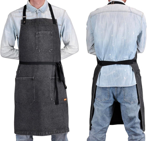 '-2) Denim Apron with Pockets, Professional for Mens Womens Chef Kitchen Cooking Grill BBQ Painting Baking, Black Bib