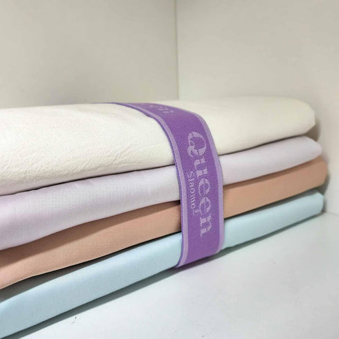 Bed Sheet Organizer Bands: Elastic Storage Size Marking Straps for Organizing Linen Closet (Queen 4PCs | Purple)