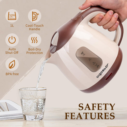 Aigostar Small Electric Kettle, 1L Portable Tea Kettle, 1100W with Automatic Shut-Off, BPA-Free (Brown)