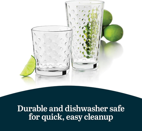 Libbey Awa Tumbler and Rock Glasses Set - Elegant Polka Dot Drinking Glasses, 16 All Purpose Cups for Events
