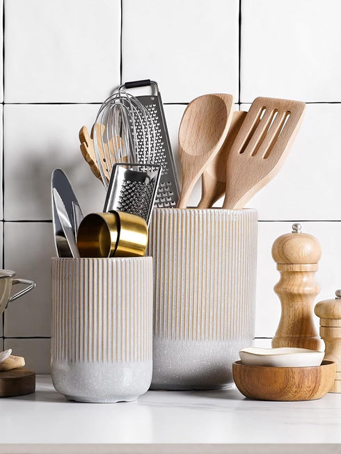 LE TAUCI Utensil Holder Set of 2 – 7.3"+5.4" Ceramic Kitchen Crocks – Morden Organizer for Spatula, Glaze Marble Gray