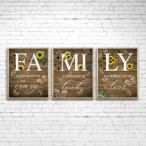 Family Sunflower Butterfly Wall Decor, Inspirational Rustic Wood Sign Wall Art for Living Room, Set of 3 (8"X10") Prints