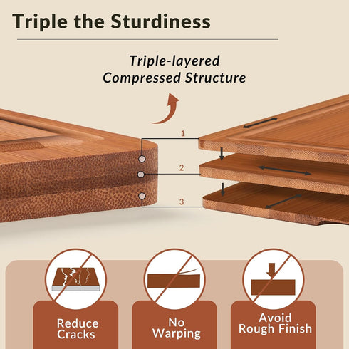 Snuvid Set 3, Bamboo Cutting Board of Wood Cutting Boards for Kitchen with Juice Grooves, Durable Chopping Board