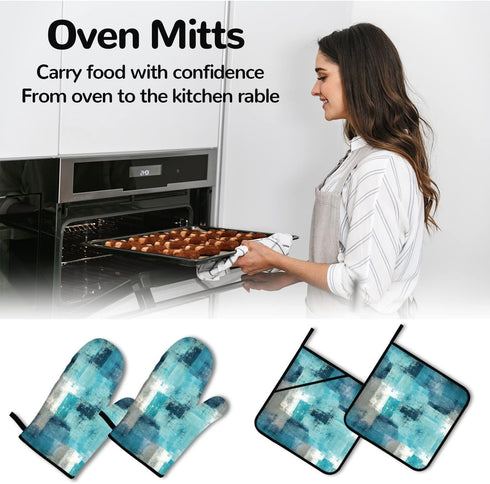 Modern Teal Abstract Art Turquoise Grey Oven Mitts and Pot Holders Set of 4 for Kitchen Baking Cooking Grilling