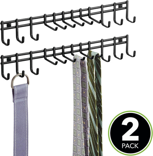 mDesign Closet Wall Mount Metal Accessory Organizer and Storage Center - Modern Slim Holder for Womens and Mens Ties, Belts, Scarves, Sunglasses, Watches - 12 Hooks, 2 Pack, Matte Black by mDesign