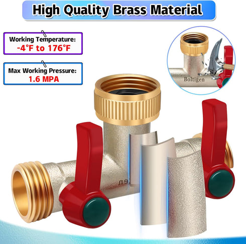 3/4 Splitter2 180 Boltigen GHT Garden Hose Way Heavy Duty Water Hose Splitter, Brass Nickel Plated Outdoor Faucet