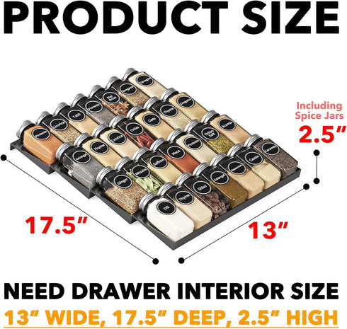 28 386 4 13" 17.5" SpaceAid Spice Drawer Organizer with Spice Jars, Spice Labels, Tier Seasoning Rack Tray Insert